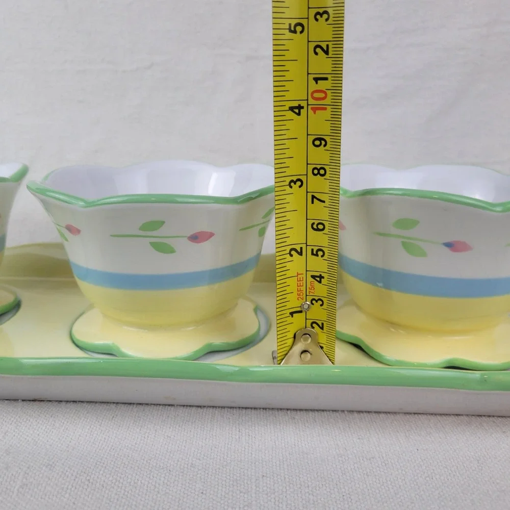 Princess House Exclusive Floral Ceramic Tray and 3 Pot Bowl Set Yellow Tulip